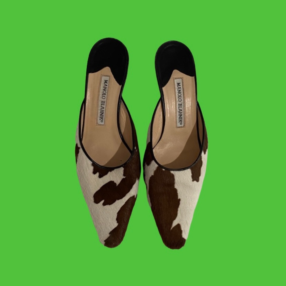 Manolo Blahnik cowhide kitten heels
